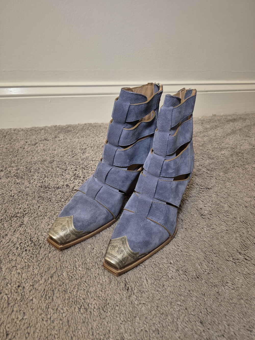 Free People Dusty Blue Suede Cutout Ankle Boots with Metallic Toe